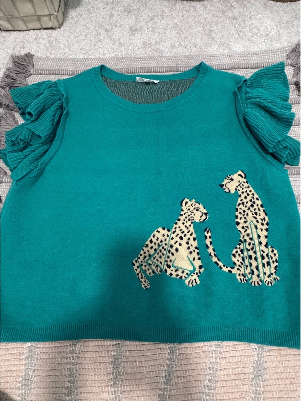 Walk this way Entro's 100% cotton ruffled sweater,green Jade, perfect fall piece